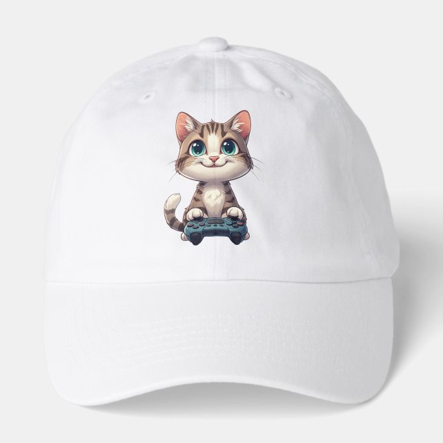 Kitten Holding Game Controller Smiling Gamer Cat Hat (Front)