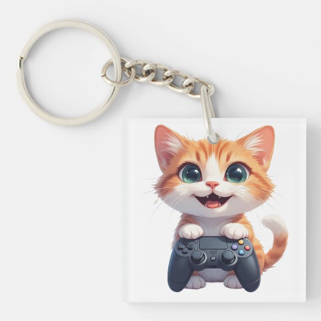 Kitten Holding Game Controller Smiling Gamer Cat I Keychain (Front)