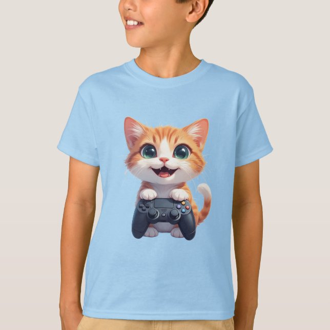 Kitten Holding Game Controller Smiling Gamer Cat I T-Shirt (Front)