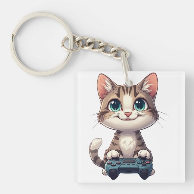 Kitten Holding Game Controller Smiling Gamer Cat Keychain (Front)