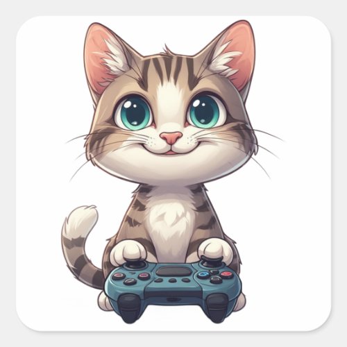 Kitten Holding Game Controller Smiling Gamer Cat Square Sticker
