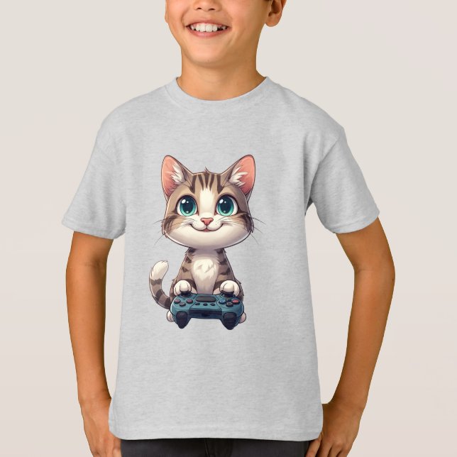 Kitten Holding Game Controller Smiling Gamer Cat T-Shirt (Front)