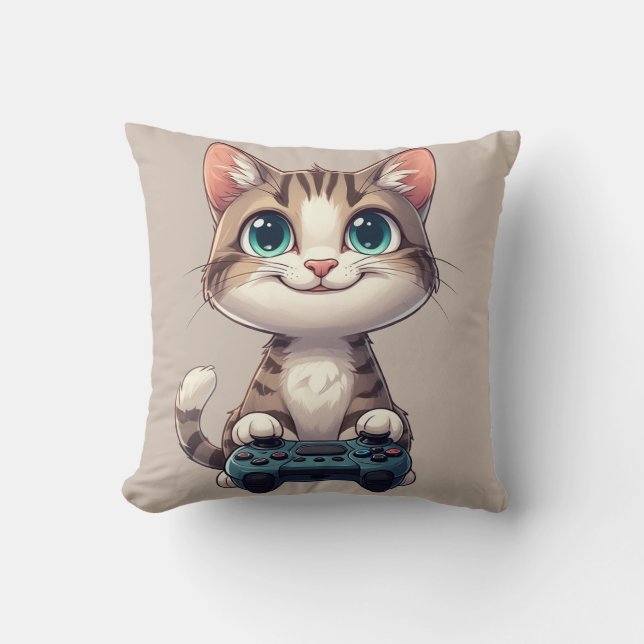 Kitten Holding Game Controller Smiling Gamer Cat Throw Pillow (Front)