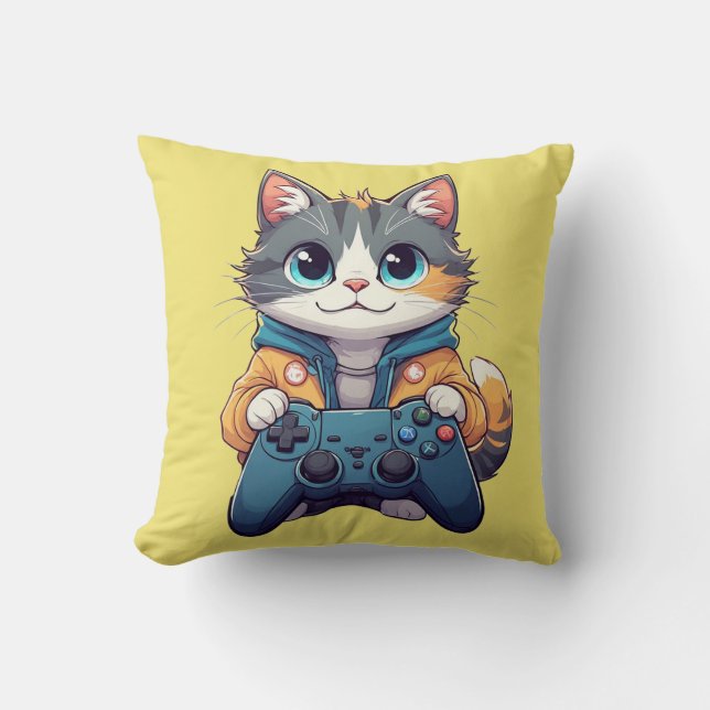 Kitten Holding Game Controller Smiling Gamer Cat Throw Pillow (Front)