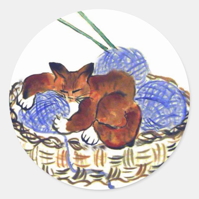 Kitten Hugs a Yarn Pillow Classic Round Sticker (Front)