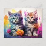 Kitten Illustration Vibrant Floral Watercolor Postcard