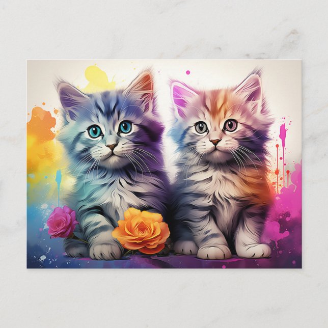 Kitten Illustration Vibrant Floral Watercolor Postcard (Front)