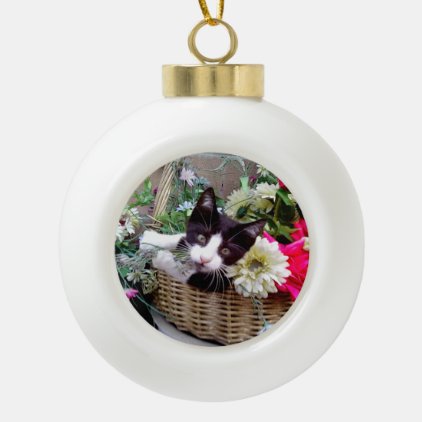 Kitten in a Basket Ceramic Ball Christmas Ornament