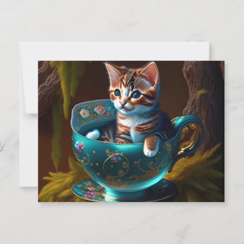 Kitten in a Blue Teacup _ Cat Postcard