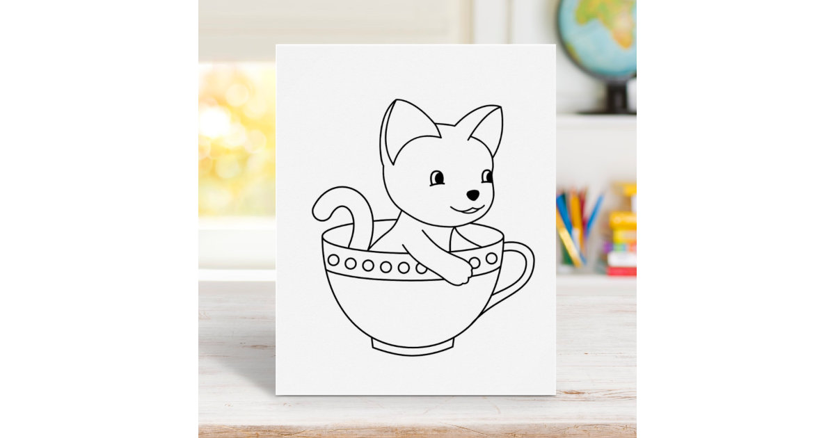 Kitten in a Cup - Cat in a Teacup Coloring Page Poster | Zazzle
