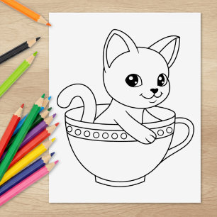 Kitten in a Cup - Cat in a Teacup Coloring Page Rubber Stamp