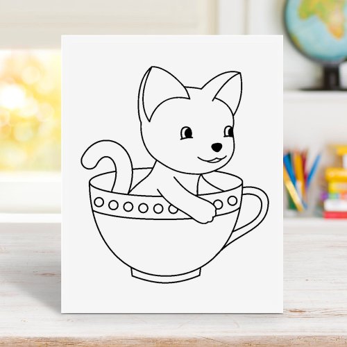Kitten in a Cup _ Cat in a Teacup Coloring Page Rubber Stamp