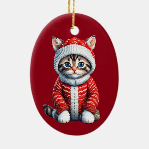 Kitten in a Red and White Christmas Sweater   Ceramic Ornament