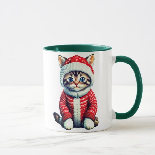 Kitten in a Red and White Christmas Sweater   Mug