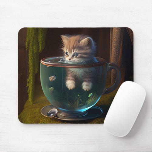 Kitten in a teacup baby animal mouse pad