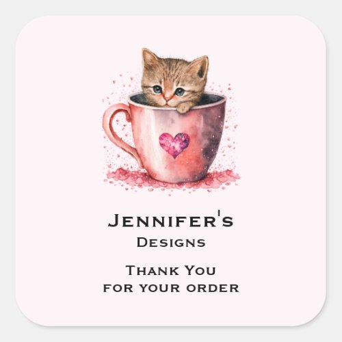 Kitten in a Teacup with Hearts Business Thank You Square Sticker
