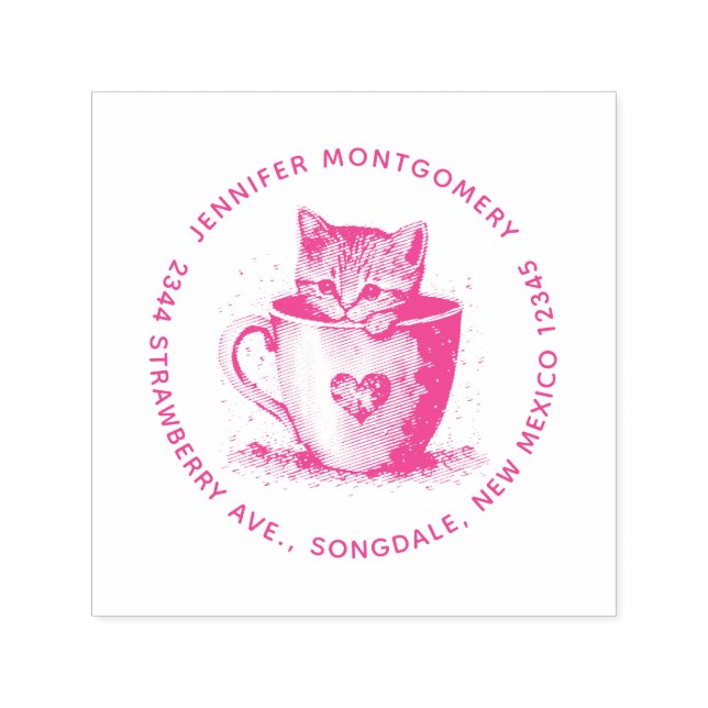 Kitten in a Teacup with Hearts Name and Address Self-inking Stamp (Design)