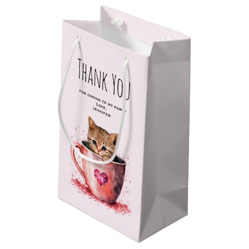 Kitten in a Teacup with Hearts Party Thank You Small Gift Bag