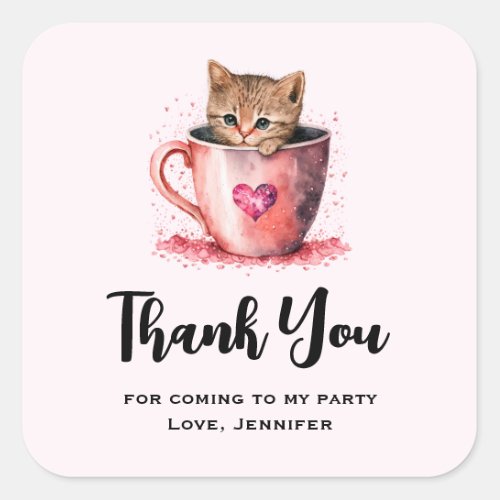 Kitten in a Teacup with Hearts Party Thank You Square Sticker