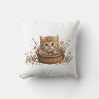 Kitten in Basket – Cute Cat T-shirt Design Throw Pillow