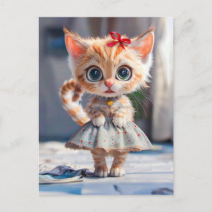 Kitten in Blue Skirt and Blouse Holiday Postcard