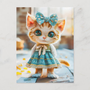 Kitten in Blue Skirt and Blouse Holiday Postcard