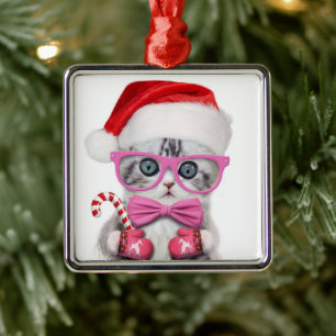 Kitten in Christmas hat Metal Ornament