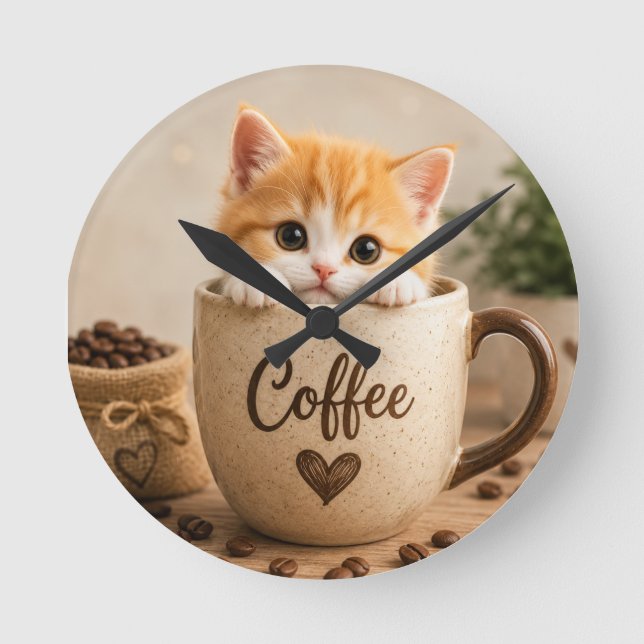 Kitten in Coffee Cup Charm Round Clock (Front)