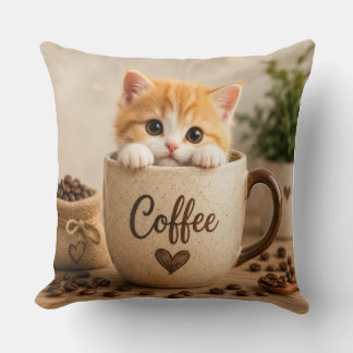 Kitten in Coffee Cup Charm Throw Pillow