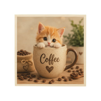 Kitten in Coffee Cup Charm Wood Wall Art