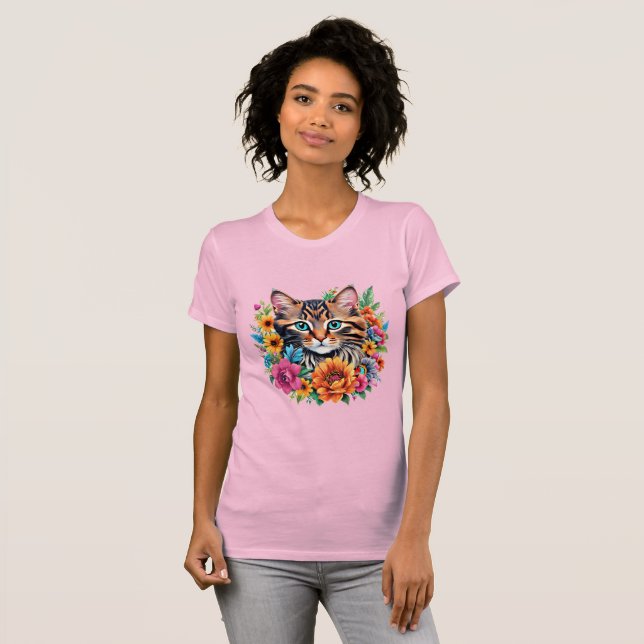 Kitten in Colorful Floral Wreath T-Shirt (Front Full)