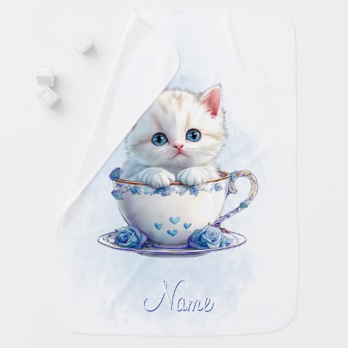 Kitten in Cup Blue Flowers Baby Blanket