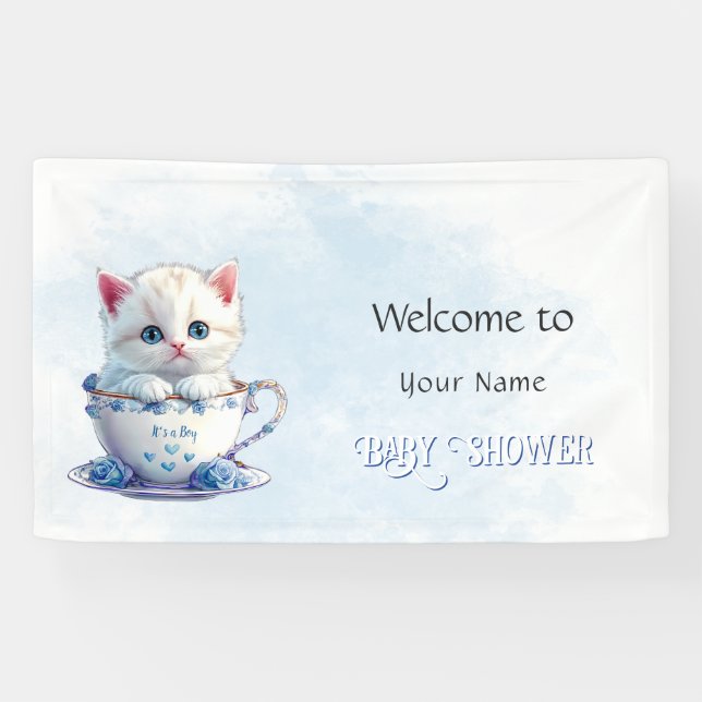 Kitten in Cup Blue Flowers Baby Shower Banner (Horizontal)