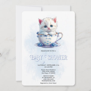 Kitten in Cup Blue Flowers Baby Shower Invitation