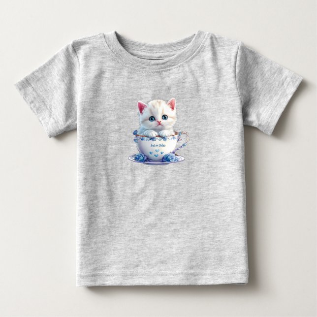 Kitten in Cup Blue Flowers Baby T-Shirt (Front)
