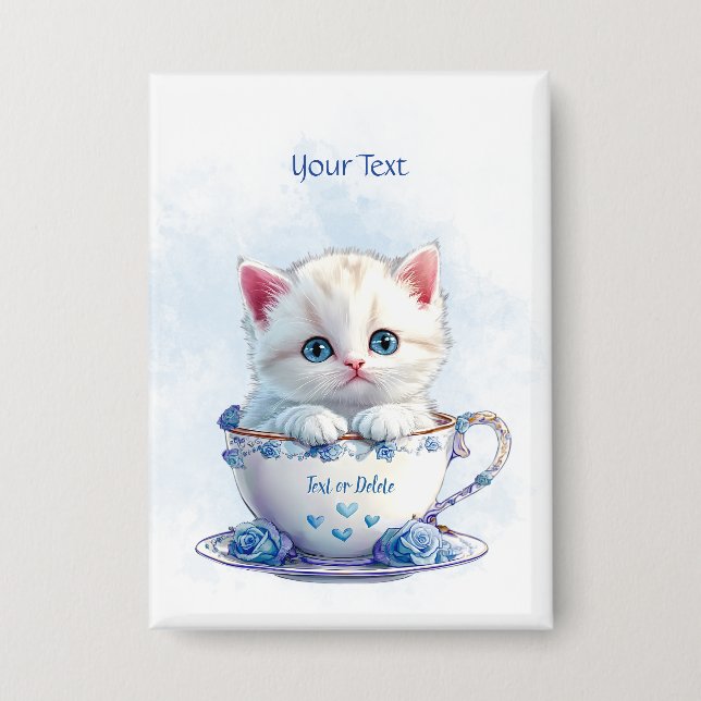 Kitten in Cup Blue Flowers Button (Front)