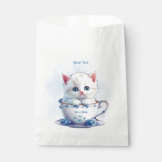 Kitten in Cup Blue Flowers Favor Bags (Front)