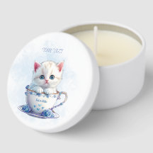 Kitten in Cup Blue Flowers Mini Candle Favors