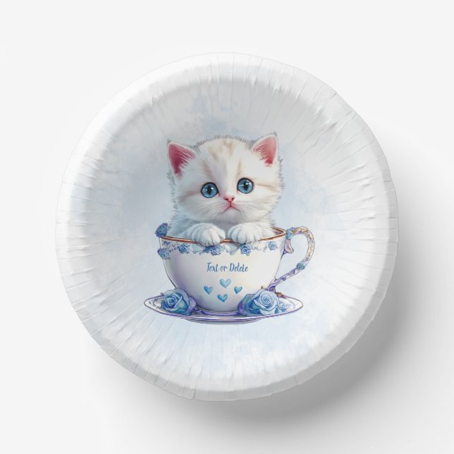 Kitten in Cup Blue Flowers Paper Bowl (Front)