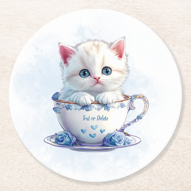 Kitten in Cup Blue Flowers Paper Coaster (Front)