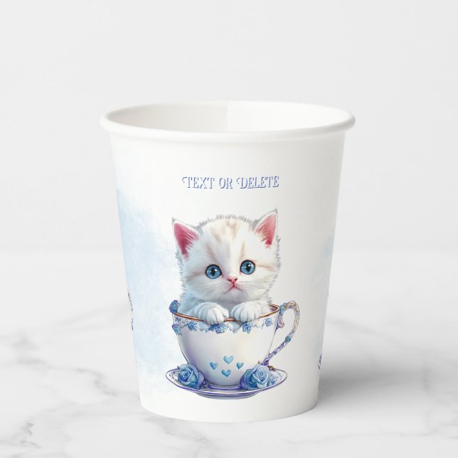 Kitten in Cup Blue Flowers Paper Cups (Left)