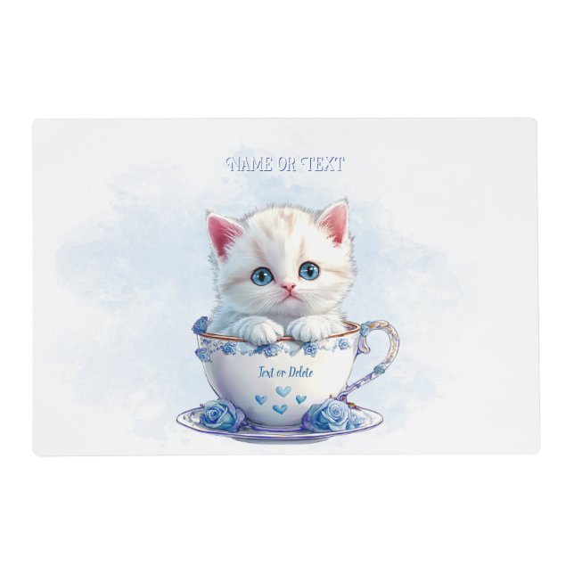 Kitten in Cup Blue Flowers Placemat (Front)