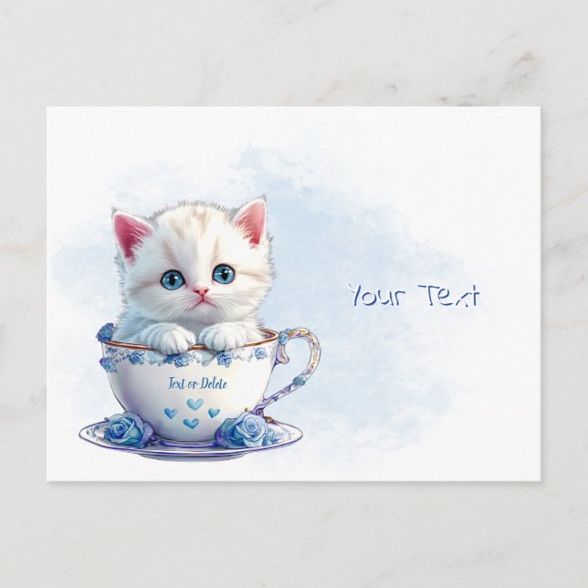 Kitten in Cup Blue Flowers Postcard (Front)