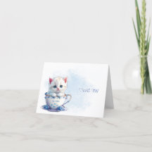 Kitten in Cup Blue Flowers Thank You Card