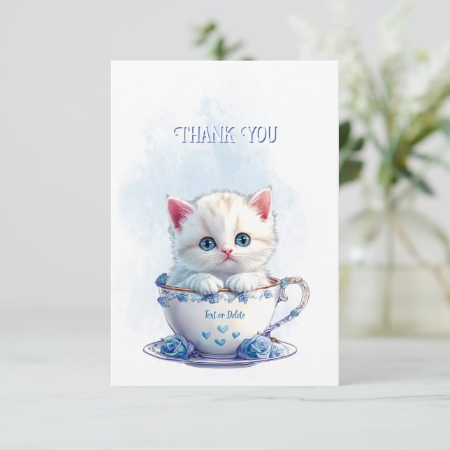 Kitten in Cup Blue Flowers Thank You Card (Standing Front)