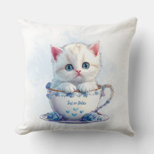 Kitten in Cup Blue Flowers Throw Pillow