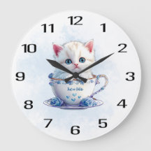 Kitten in Cup Blue Flowers Wall Clock