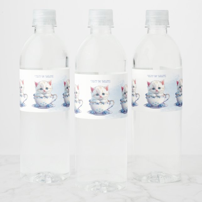 Kitten in Cup Blue Flowers Water Bottle Label (Bottles)