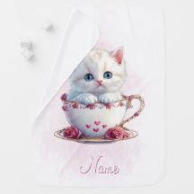 Kitten in Cup Pink Flowers Baby Blanket