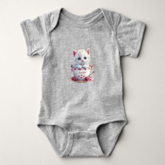 Kitten in Cup Pink Flowers Baby Bodysuit